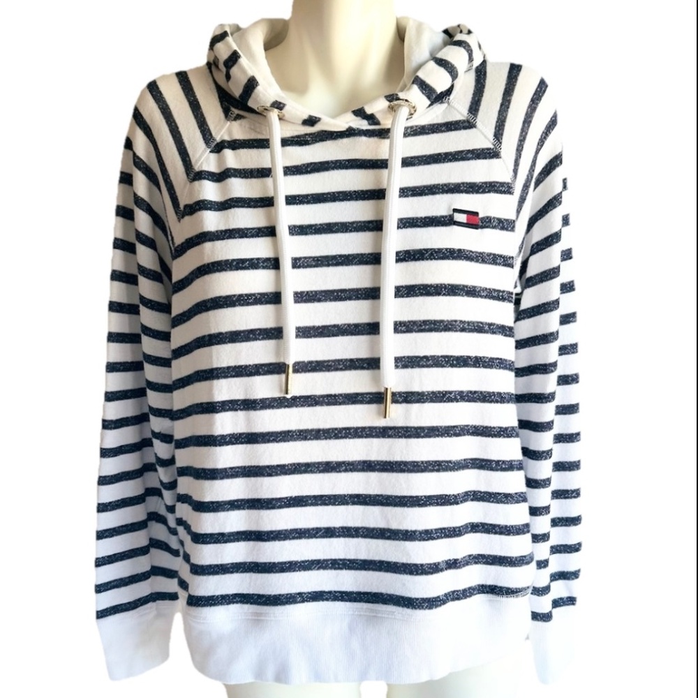 New Tommy Hilfiger Sport White Navy Cotton Polyester Hoodie size L